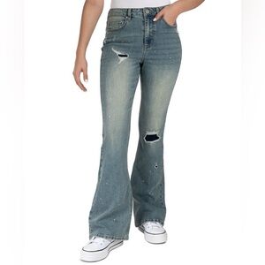Indigo Rein Button Fly Distressed Flare Jeans